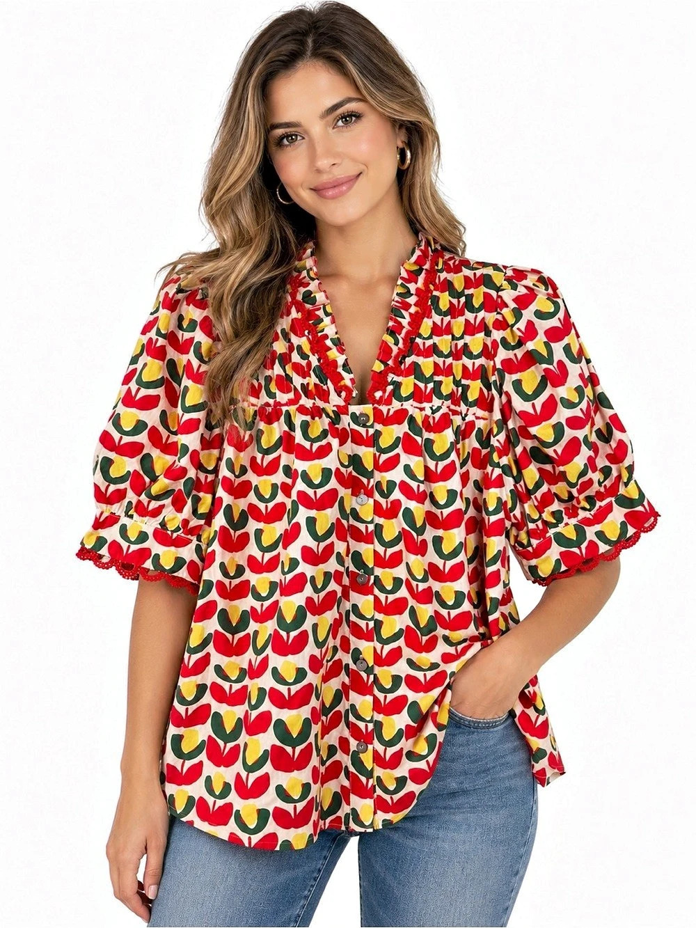 entro Abstract Print Blouse in White & Red Size Medium Like New